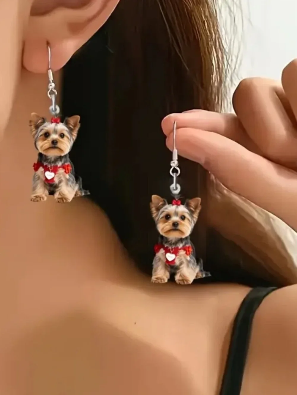 Hand Crafted 2D Flat Yorkie Dog Dangle Earrings in Red Accents